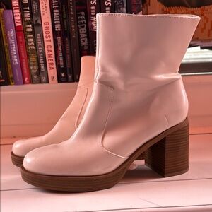 Women's White Leather Wedge Heel Ankle Boots